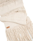 A white rectangular table runner with fringed edges, displayed on a white background