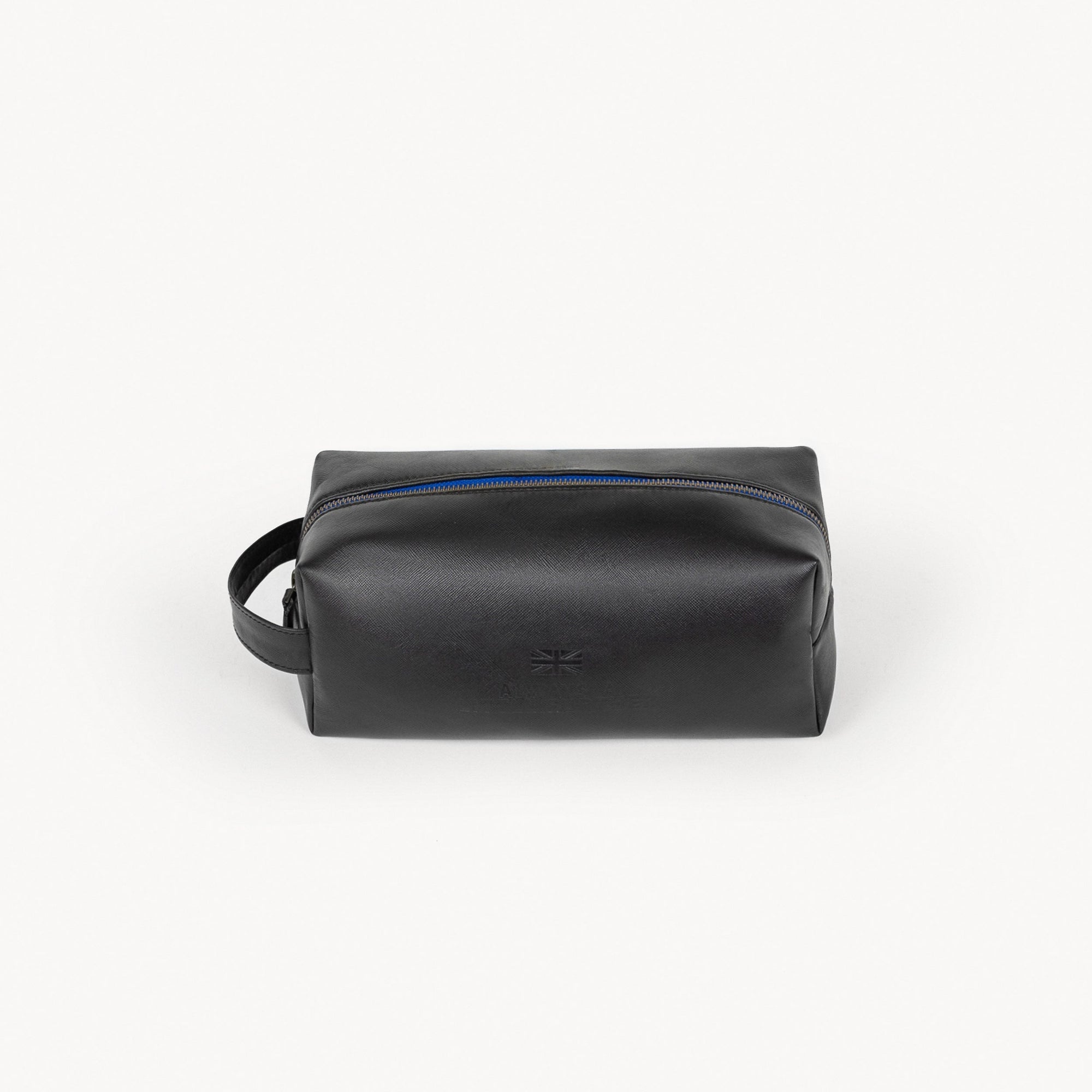 Black leather toiletry bag with blue zipper on a white background
