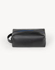 Black leather toiletry bag with blue zipper on a white background