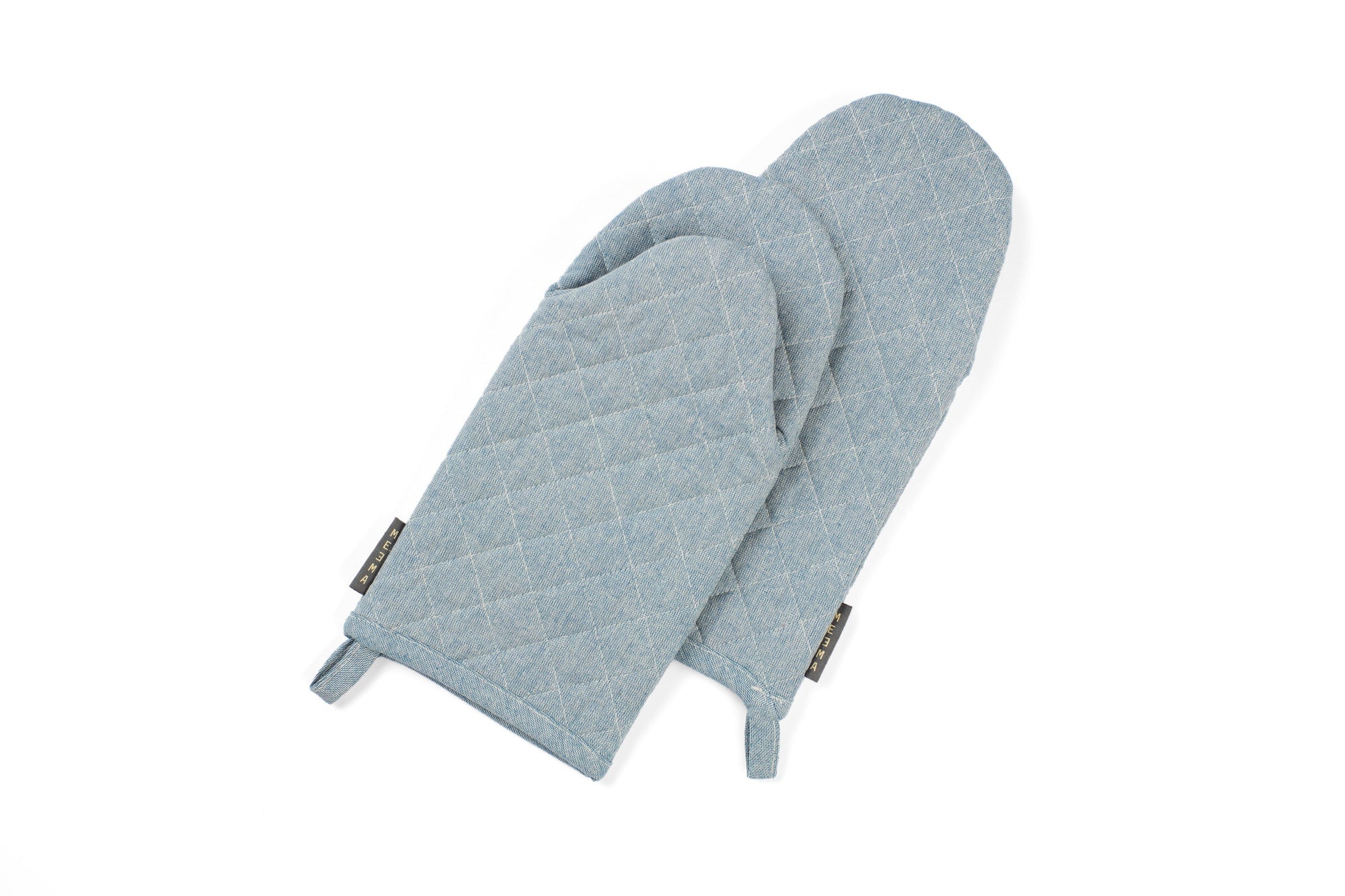 A pair of blue oven mitts made from upcycled cotton, displayed against a white background