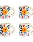 Four floral mugs with orange flowers and blue and red accents on a white background