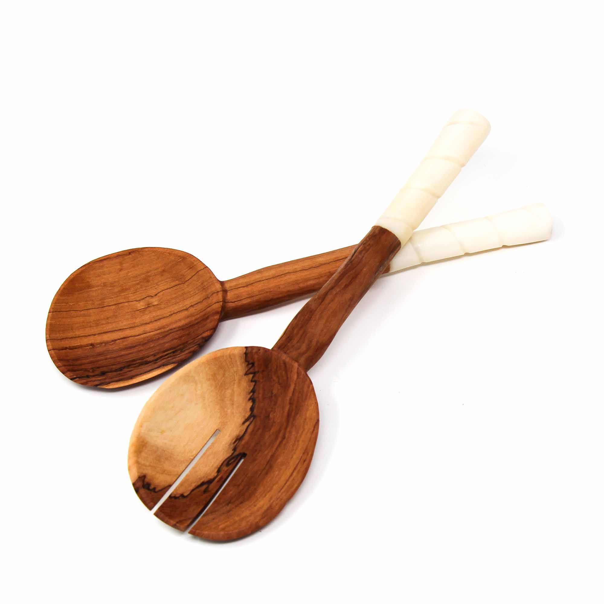 Olive Wood Salad Servers with Bone Handles - White with Etching Design
