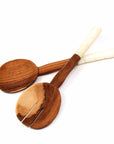 Olive Wood Salad Servers with Bone Handles - White with Etching Design