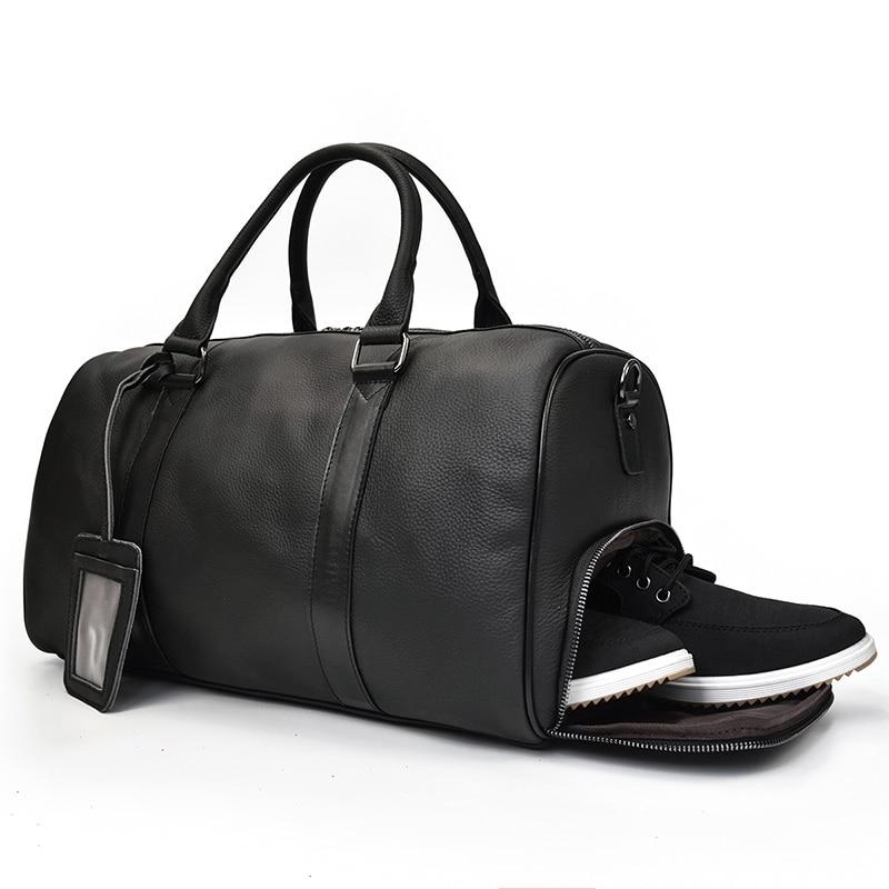 A black leather weekender bag with a leather handle and visible stitching details. Shoes are popping out of a side compartment.