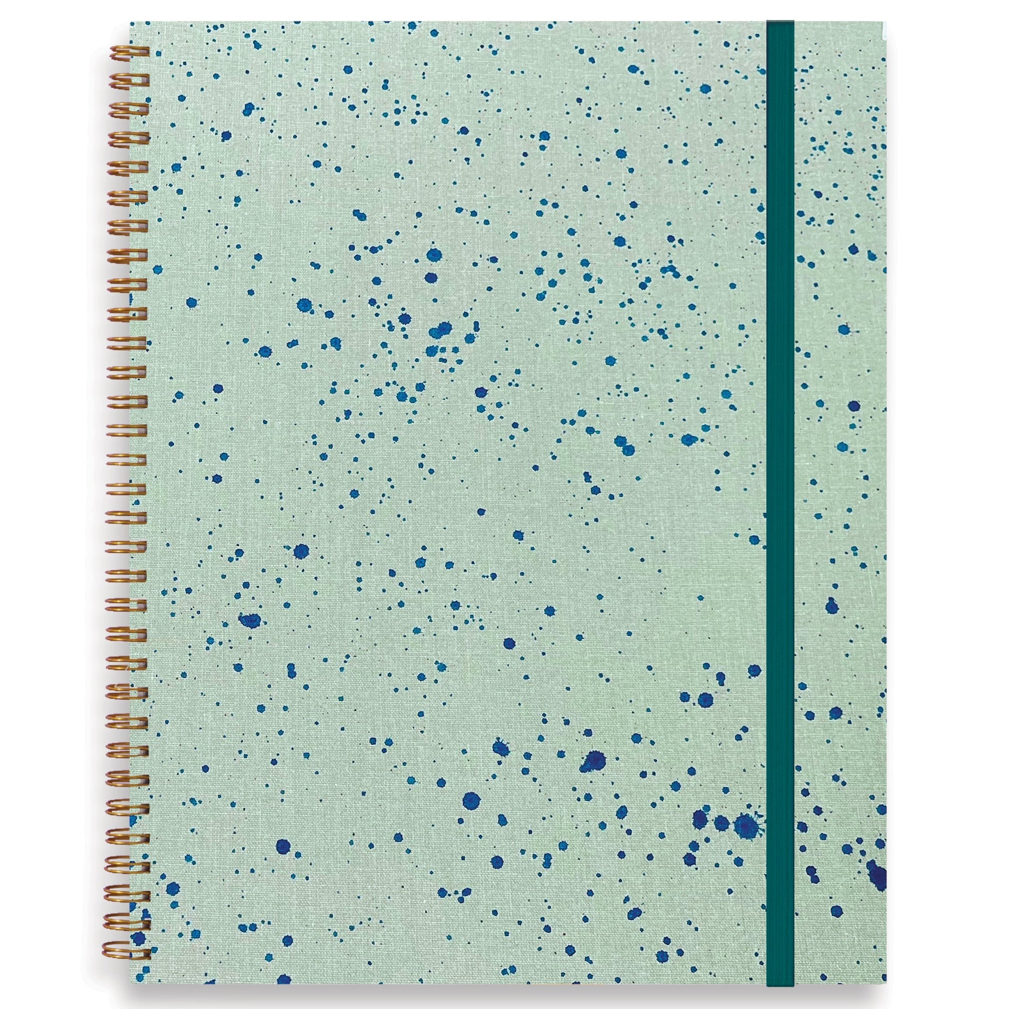 Notebook with a speckled design and a green spine on a white background
