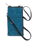 Blue crossbody phone purase with a strap on a white background