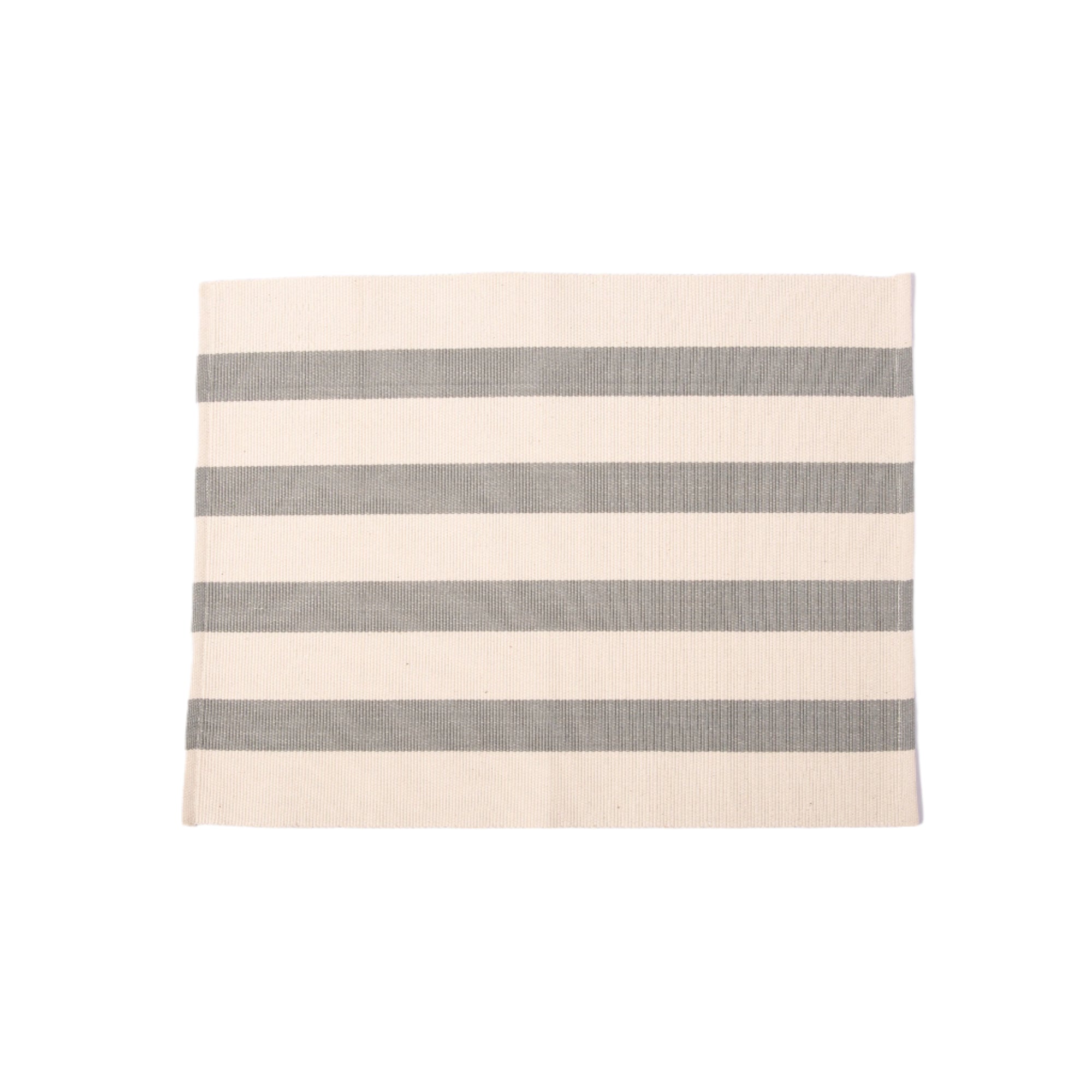 A striped placemat with beige and gray horizontal bands, made of cotton, displayed on a neutral background