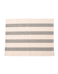 A striped placemat with beige and gray horizontal bands, made of cotton, displayed on a neutral background