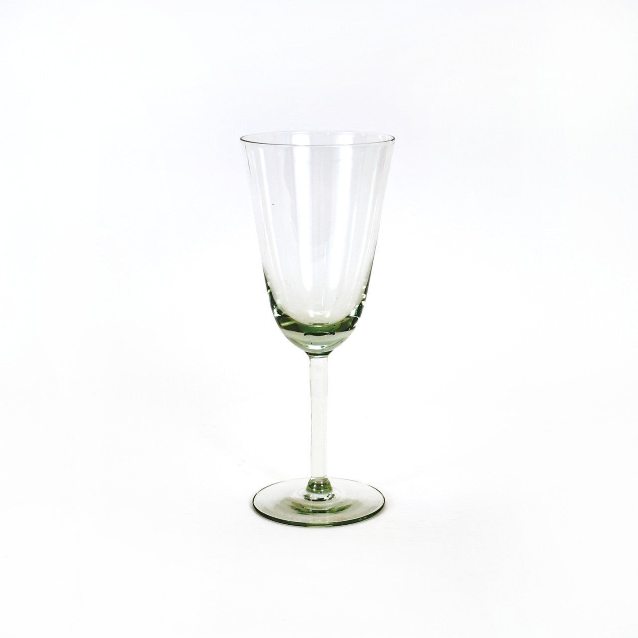 A clear hand blown recycled wine glass