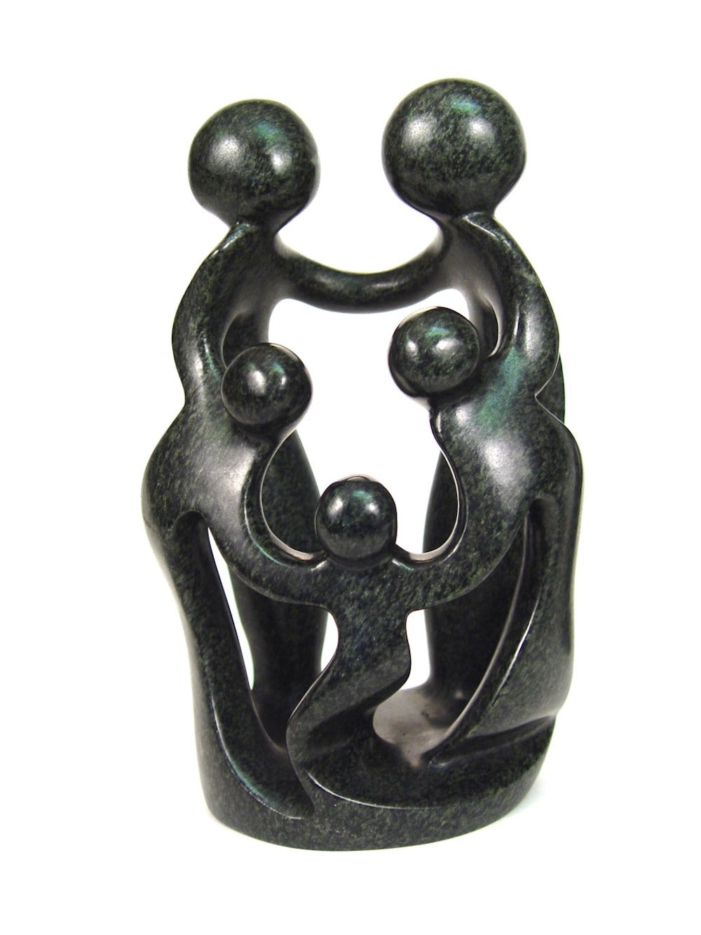 A hand-carved stone sculpture of a family unit of five, with interlocking figures, polished with sand and beeswax.