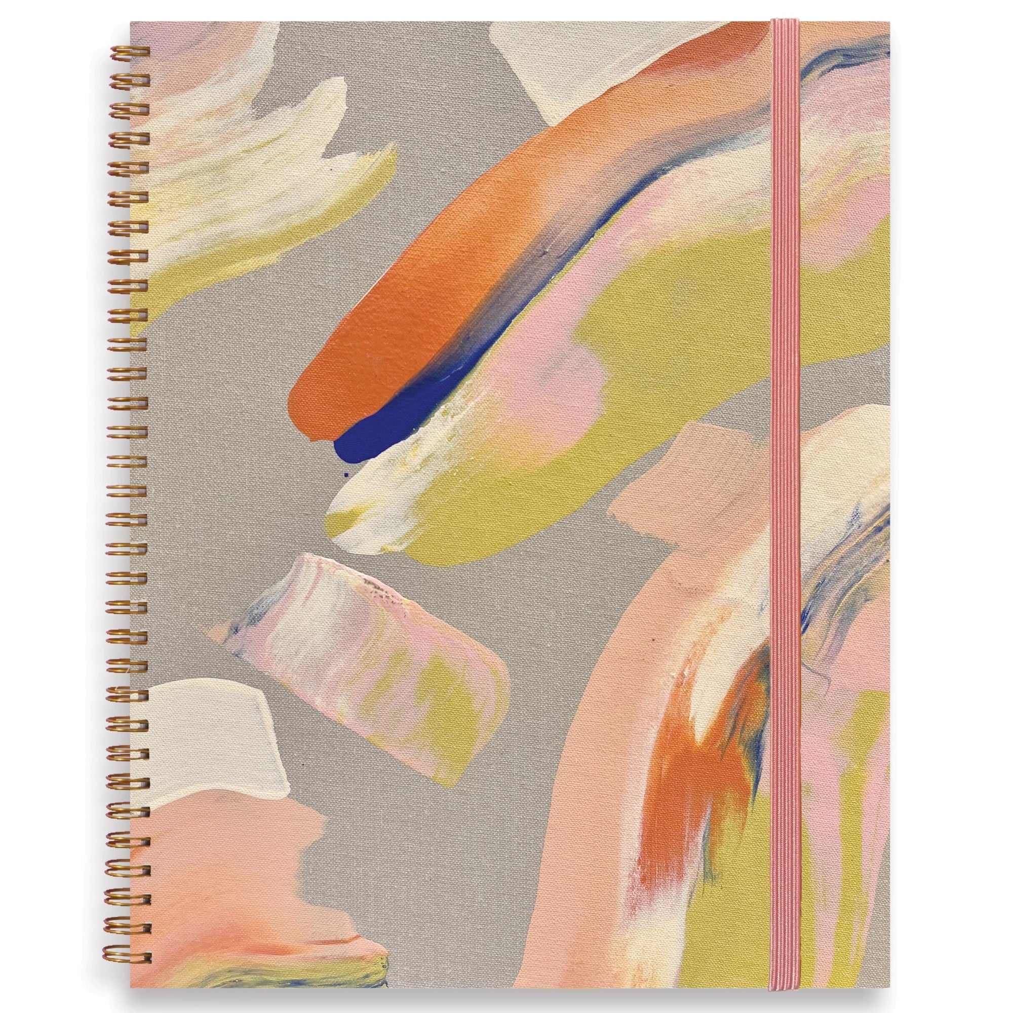 Notebook with abstract art cover featuring colorful brush strokes on a gray background