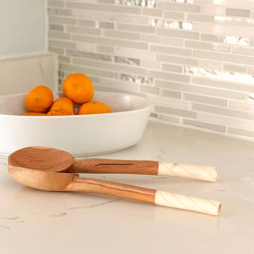 Olive Wood Salad Servers with Bone Handles - White with Etching Design