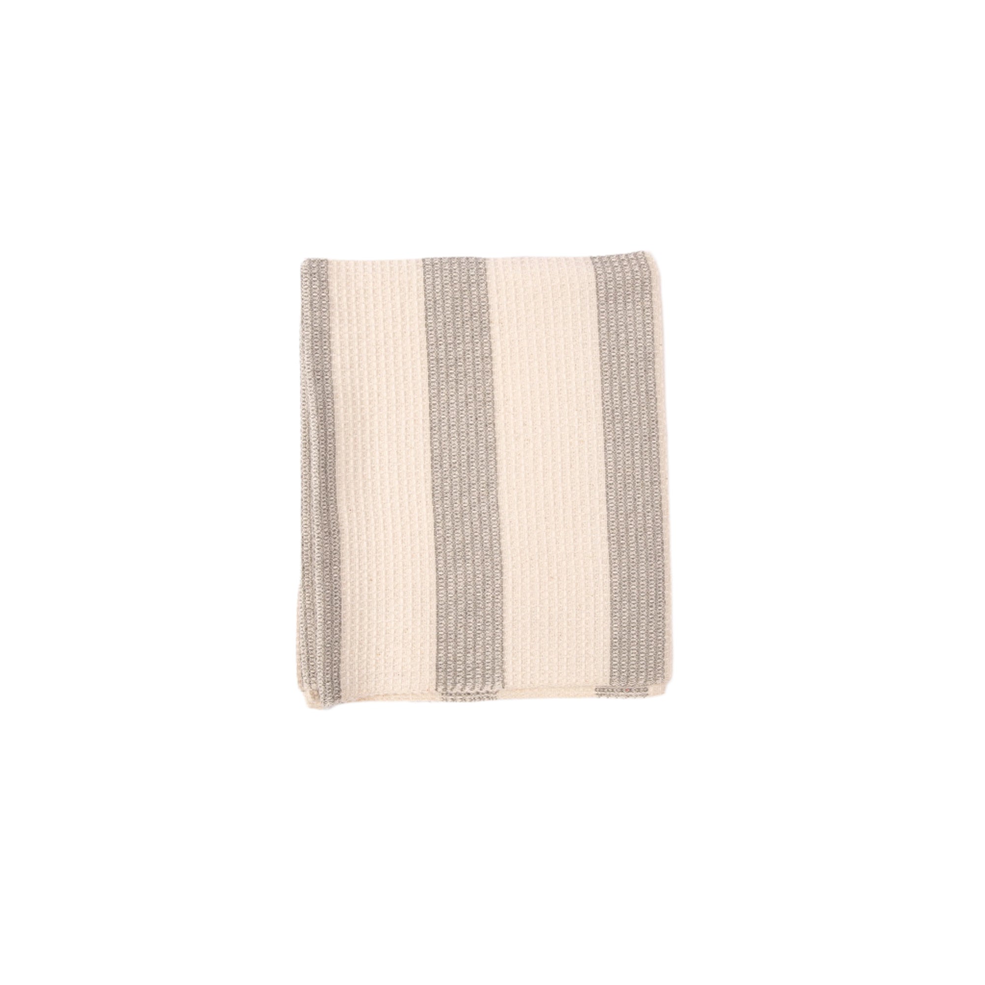 A folded striped tea towel with beige and gray colors, likely made from cotton, on a white background
