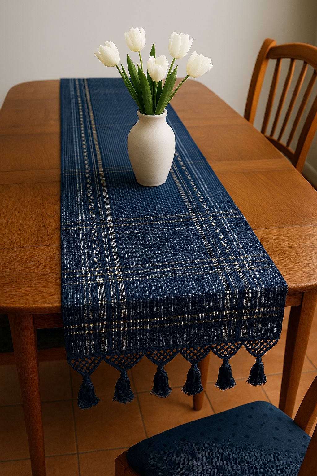 Blue patterned table runner with tassels on a wooden table, featuring a white vase with tulips.