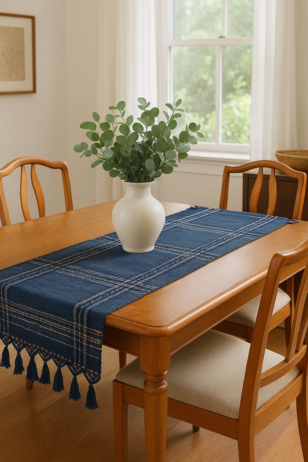 Dining room with a wooden table, blue plaid table runner, white vase with greenery, and wooden chairs.