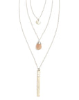 A silver multi-strand multi-way pendant necklace with a pink chalcedony centerpiece stone, displayed against a white background.