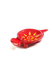 A small hand-carved red soapstone dish with a vibrant yellow and red sun design, crafted by artisans in Kenya