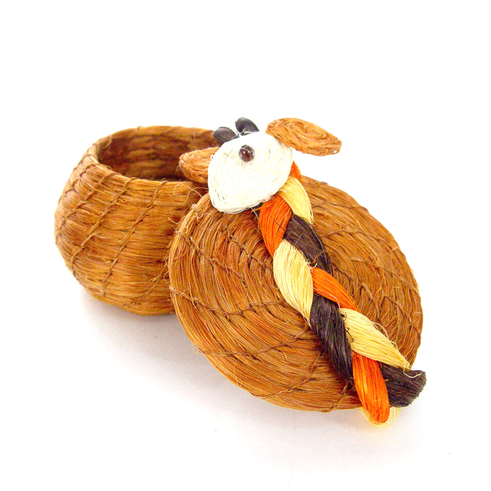 A handwoven brown lidded basket in the shape of a giraffe with a multicolored tail with the lid off