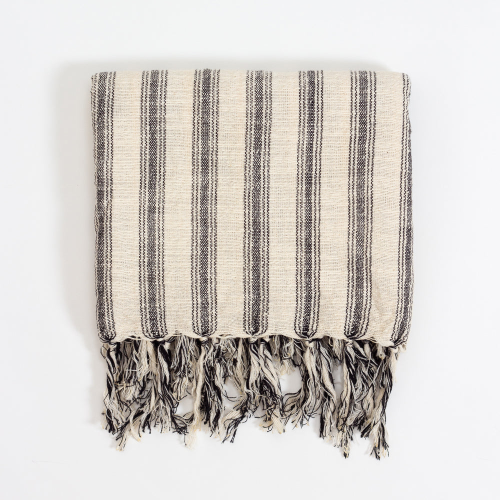 A striped Turkish towel with fringes displayed on a white background.