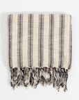 A striped Turkish towel with fringes displayed on a white background.