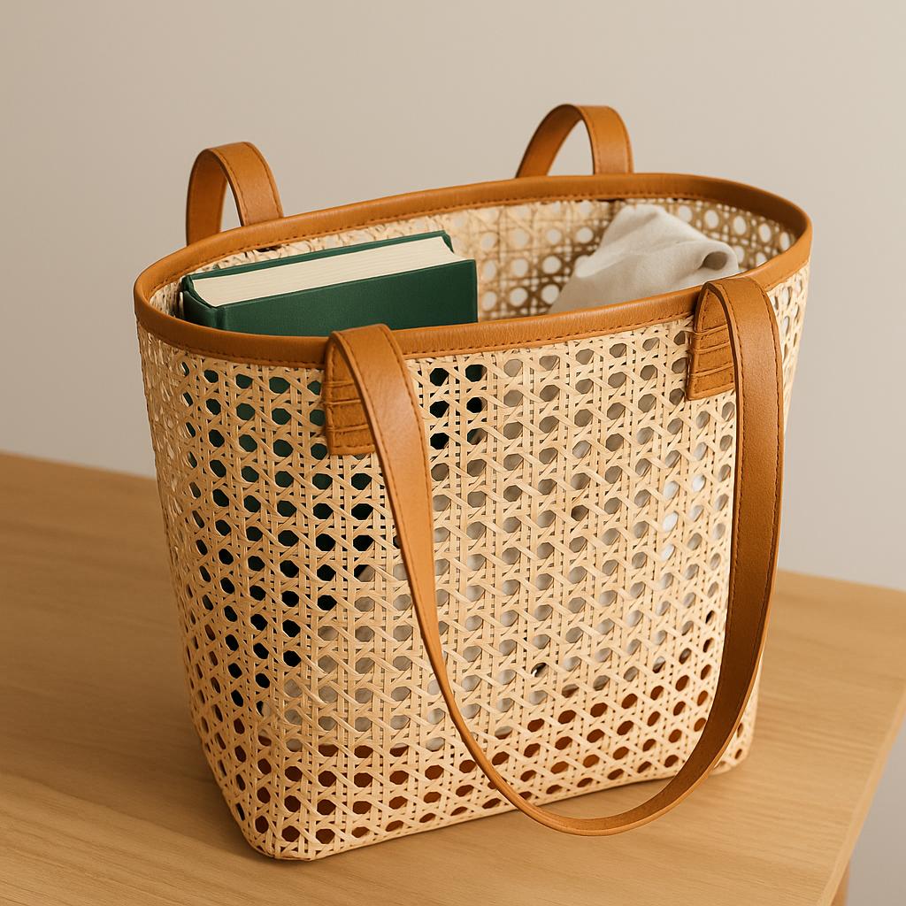 Woven bag with leather handles and trim on a wooden surface
