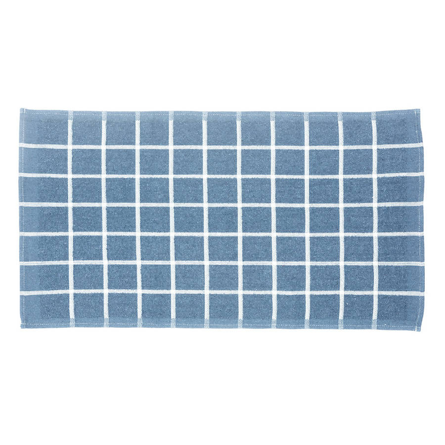 A set of folded terry kitchen towels in ecru and blue denim colors with a grid pattern