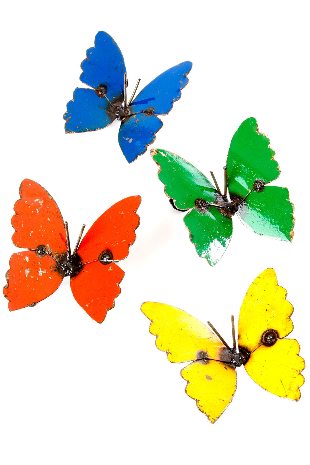 Four colorful butterflies in blue, green, orange, and yellow on a white background.