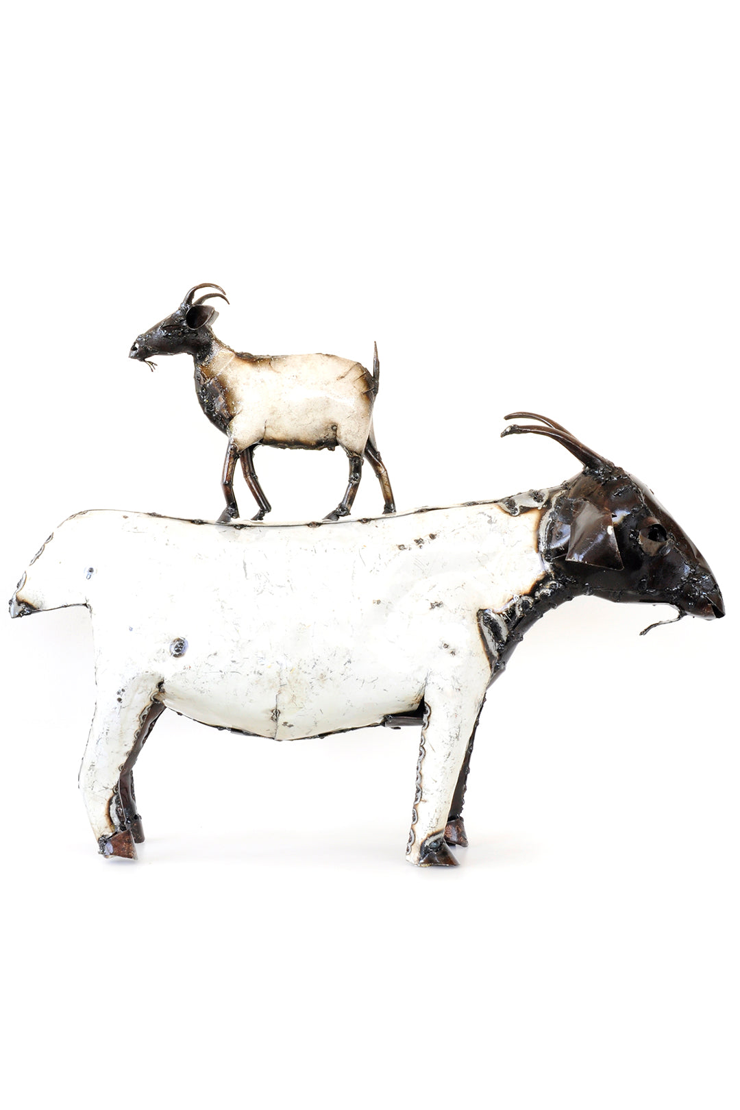 Two goat sculptures, one large and one small, on a white background
