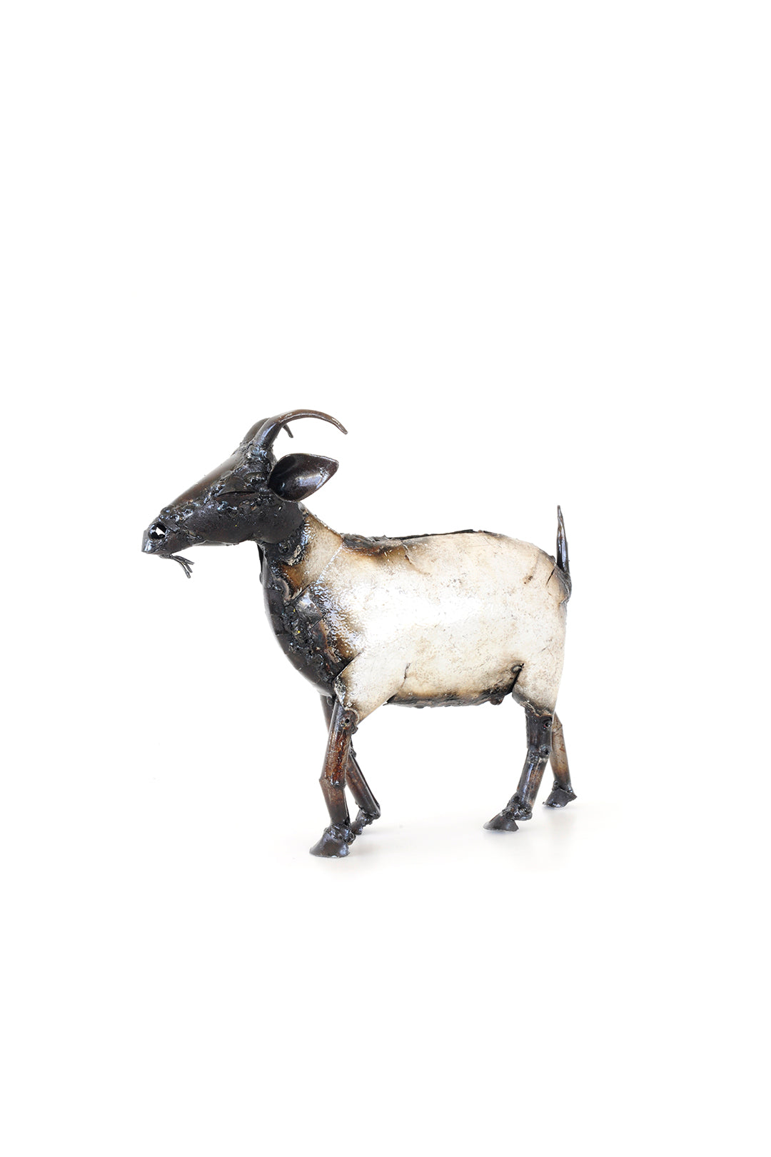 Metallic goat sculpture on a white background