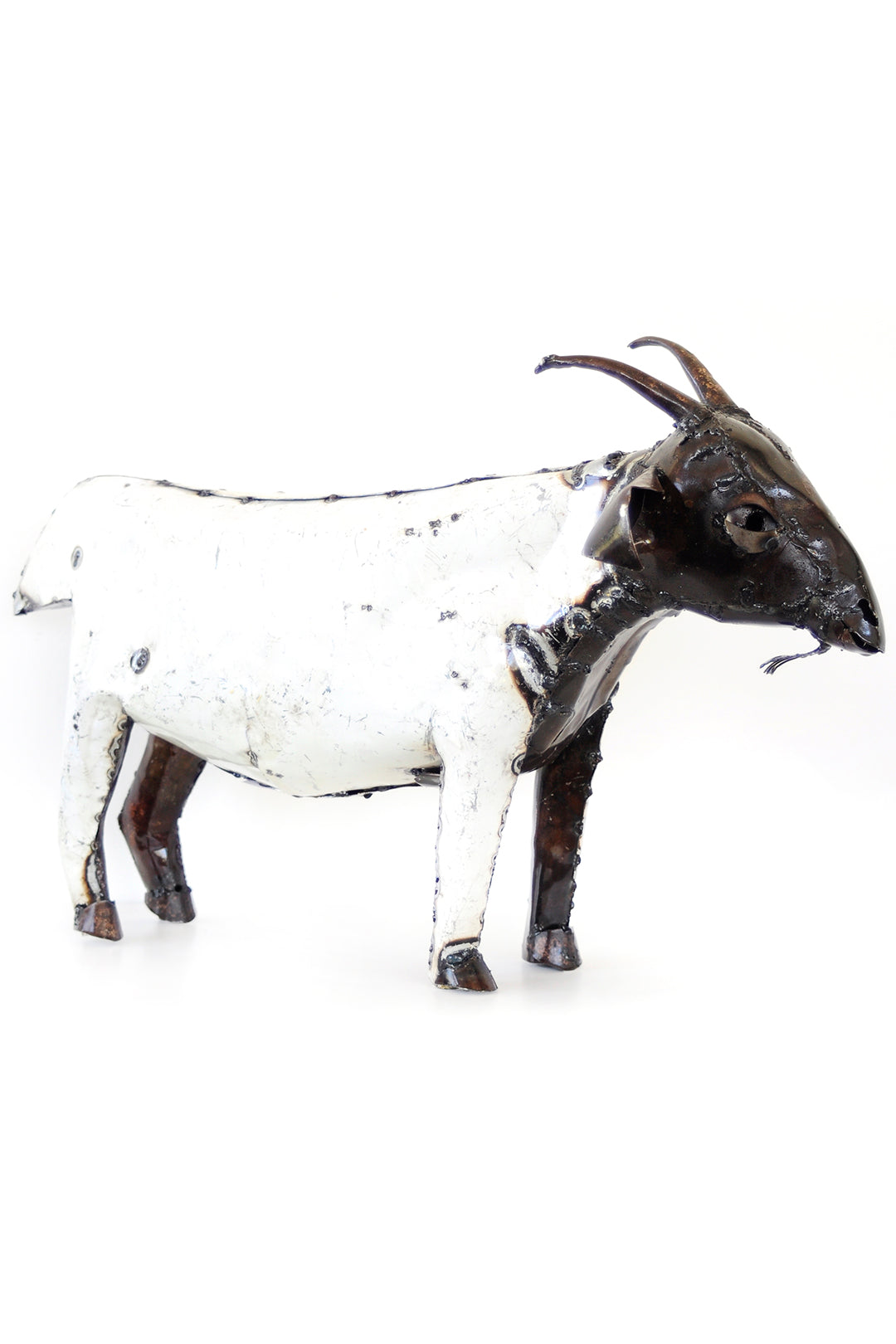 Large metallic goat sculpture on a white background