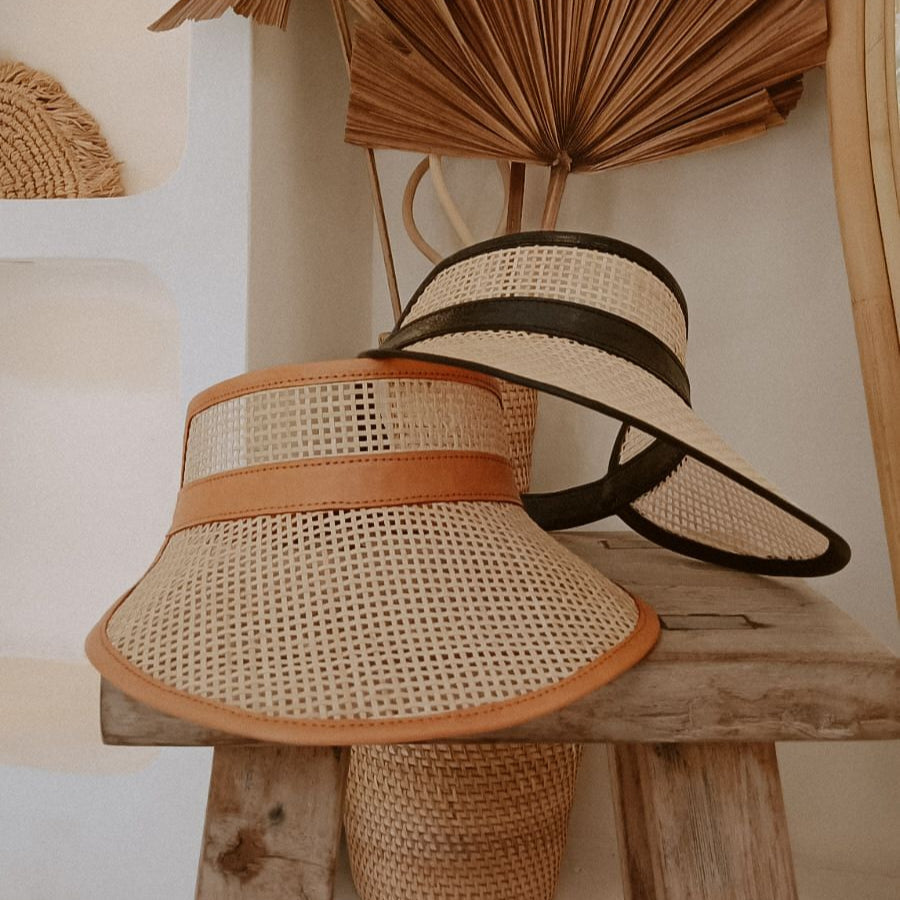 Black and beige visors one a stool