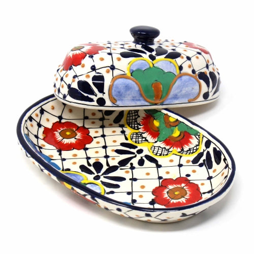 Hand-painted floral butter dish with vibrant colors, artisan-crafted for serving and display.