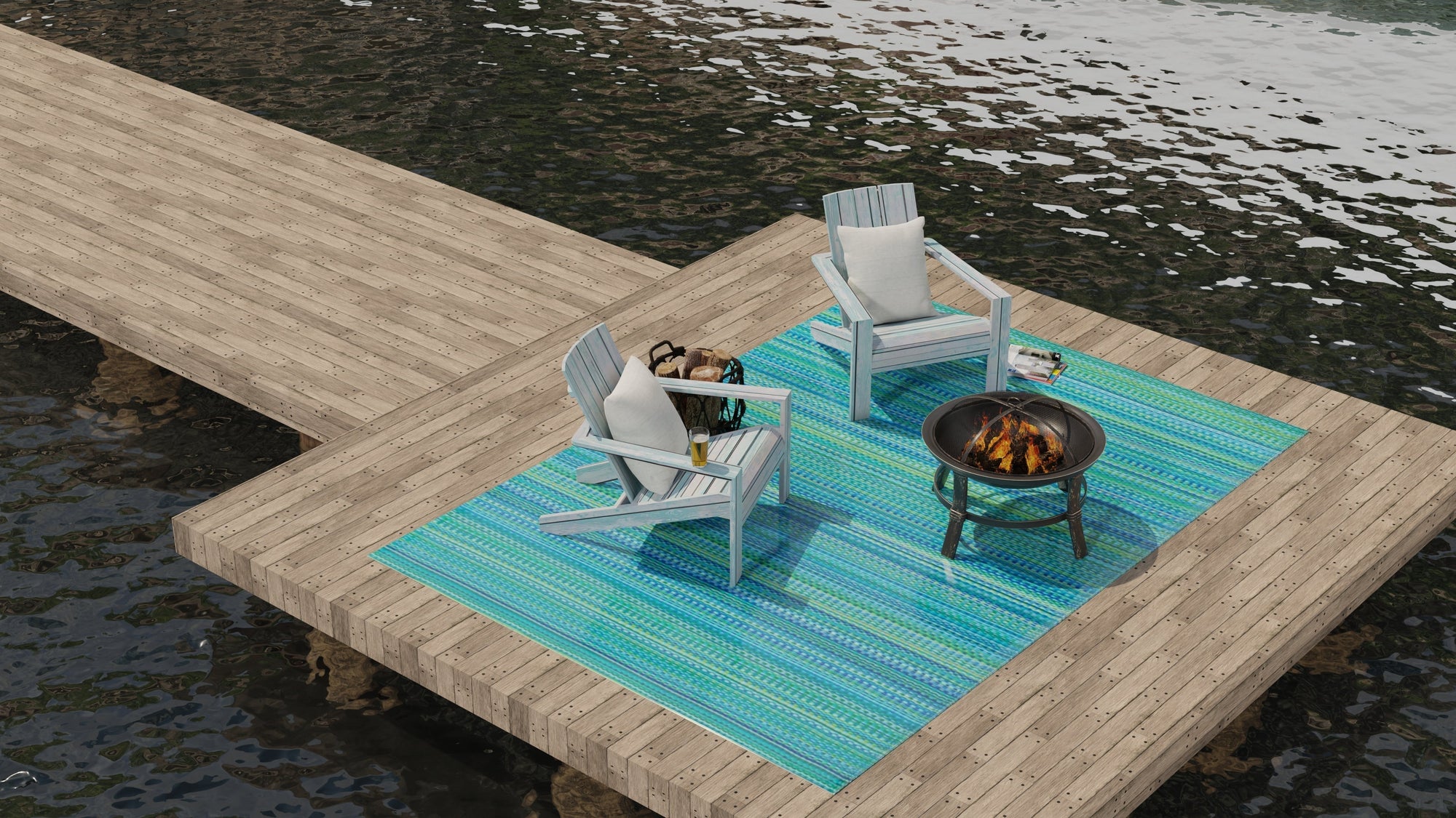 Turquoise outdoor mat under chairs on a deck overlooking a river, creating a vibrant and cozy seating area.
