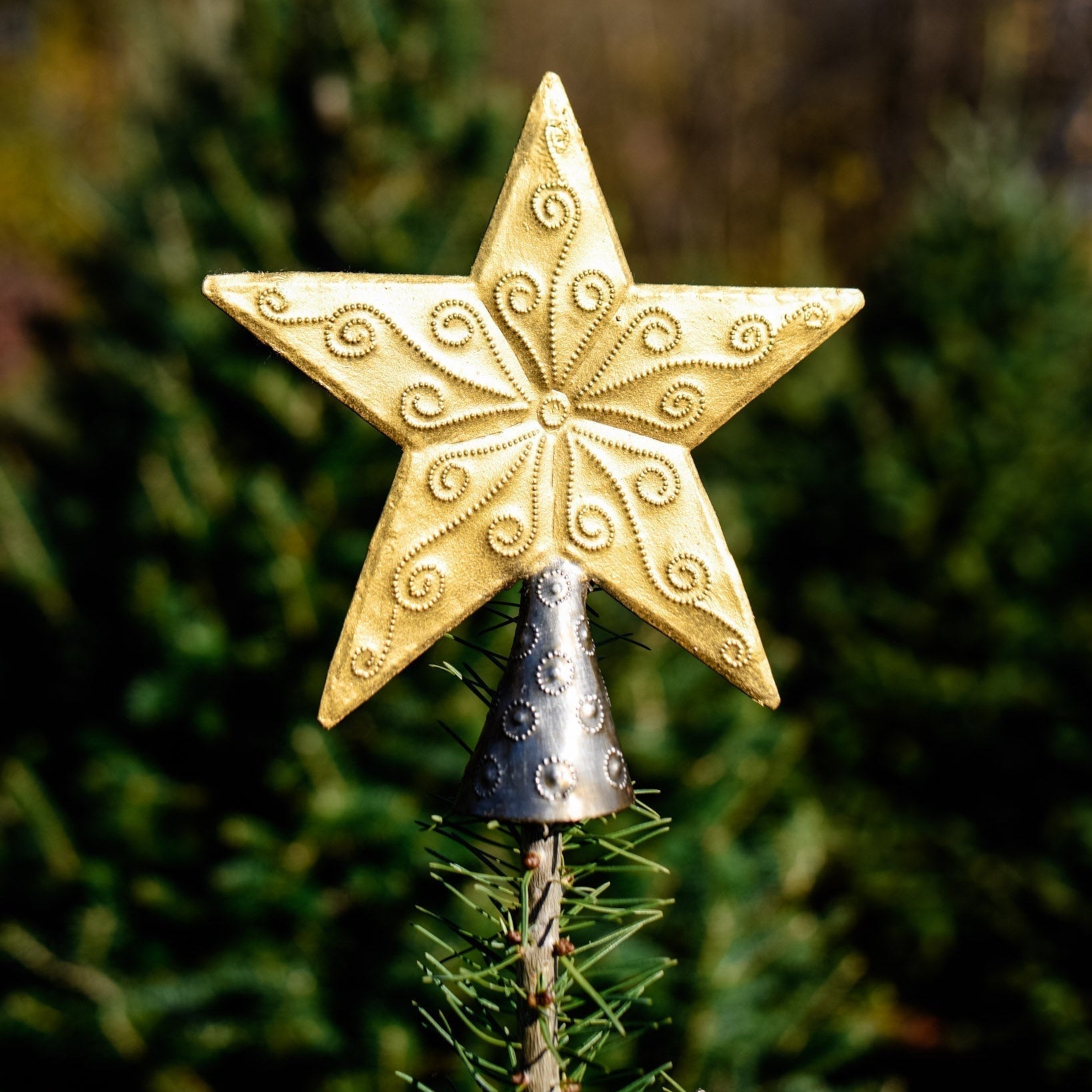 Decorative gold star and silver bell ornament on a Christmas tree with a blurred green background.