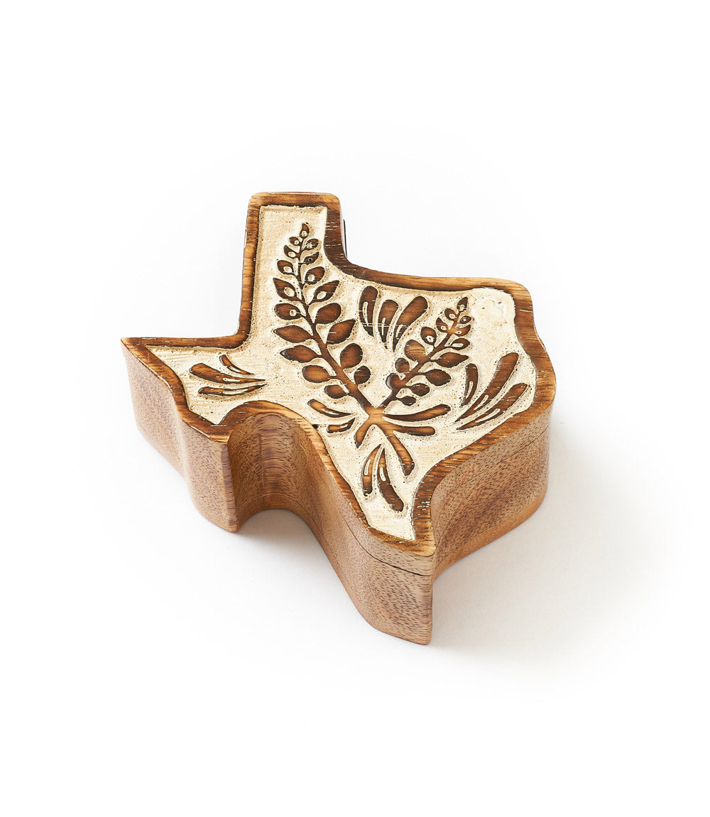 Wooden Texas-shaped decorative keepsake box with floral bluebonnet design on a white background