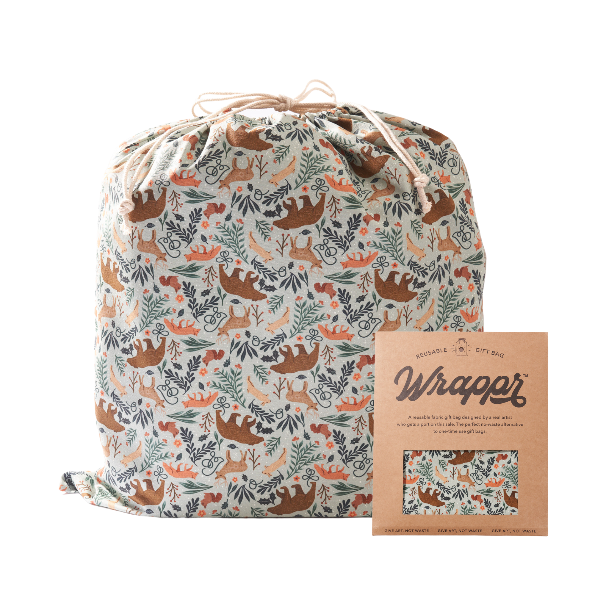 Patterned sage green gift bag with drawstring and a matching gift wrap sheet on a white background