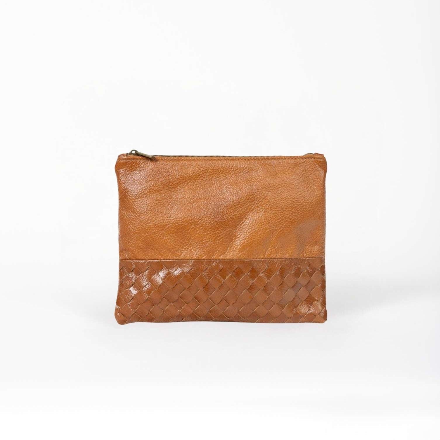 Brown leather pouch on a white background