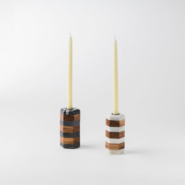 Striped Marble &amp; Acacia Candleholder