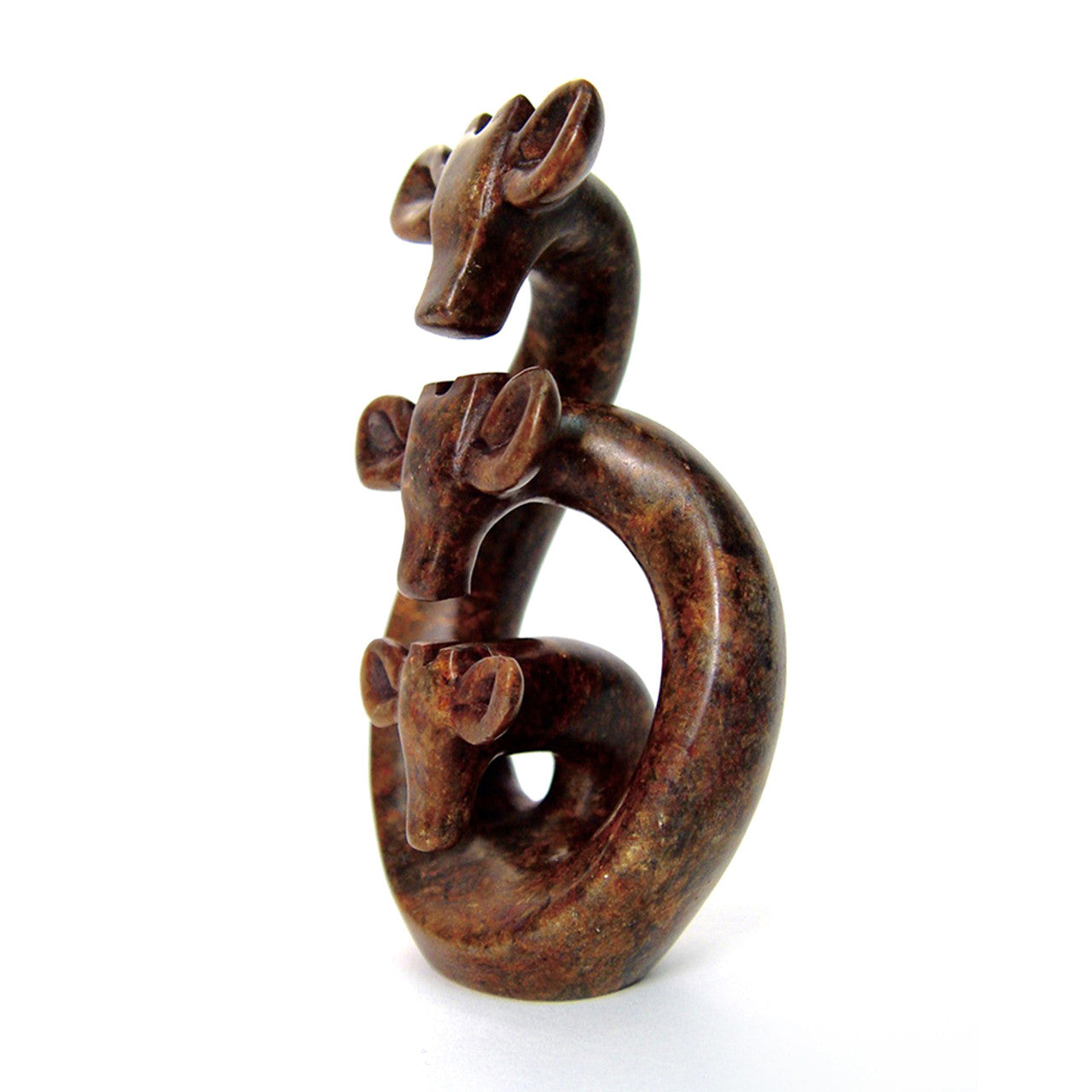 Brown stone sculpture of three giraffes interconnected displayed against a white background