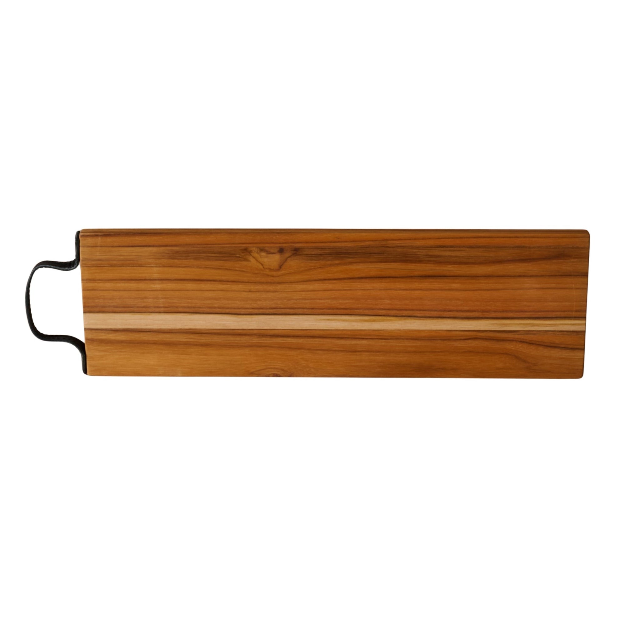 A rectangular wooden serving board with a warm medium-brown wood grain pattern and a black metal loop handle on the left side, shown against a plain white background.