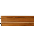 A rectangular wooden serving board with a warm medium-brown wood grain pattern and a black metal loop handle on the left side, shown against a plain white background.
