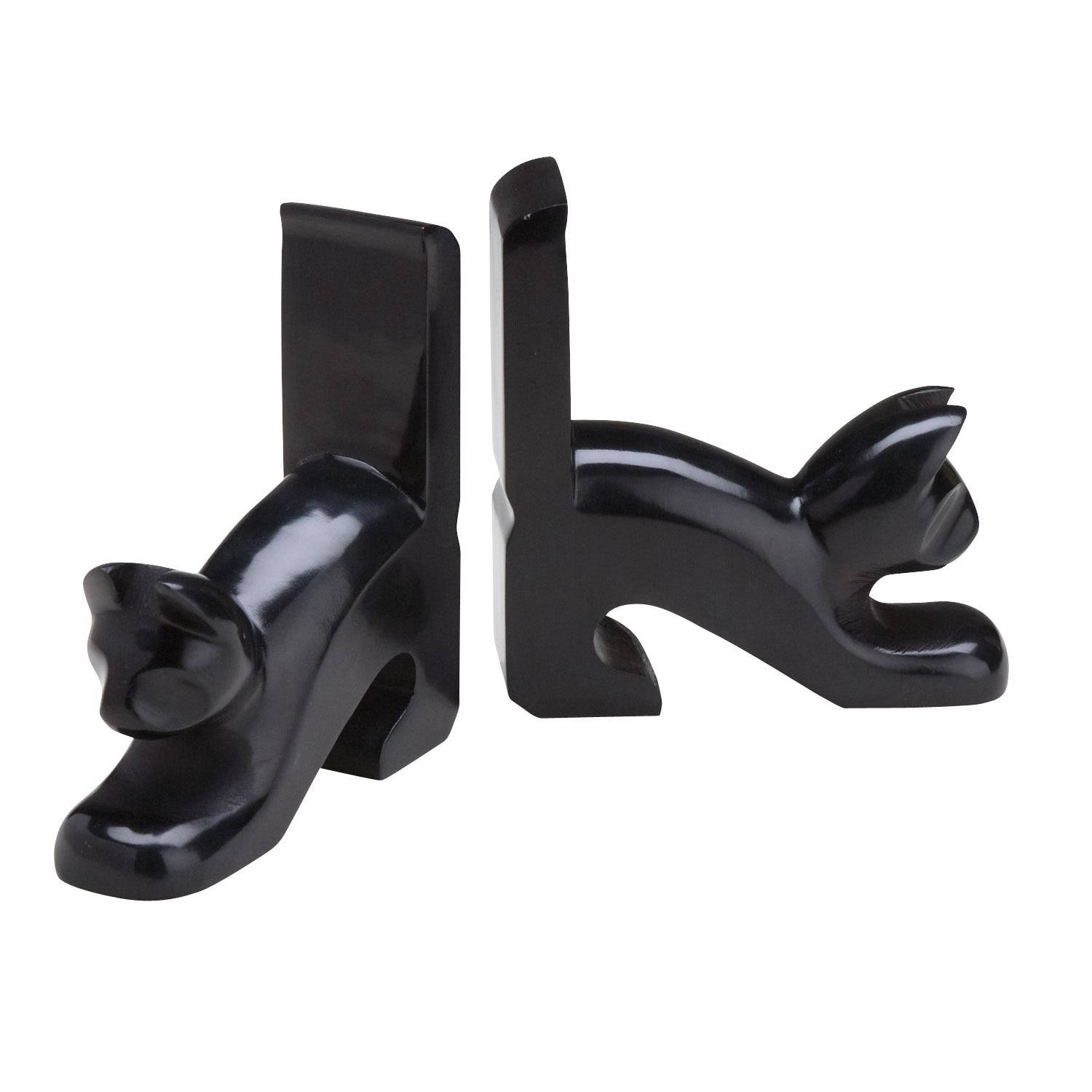Black cat-shaped bookends on a white background