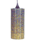 Decorative cylindrical pendant light with multicolored beads on a white background