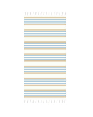 A striped handwoven Turkish towel in blue and yellow colors, laid flat.