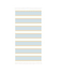 A striped handwoven Turkish towel in blue and yellow colors, laid flat.