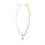 A necklace with a silver plated paperclip chain, a gold plated paperclip chain, and a silver toggle clasp with a freshwater pearl hanging from it.