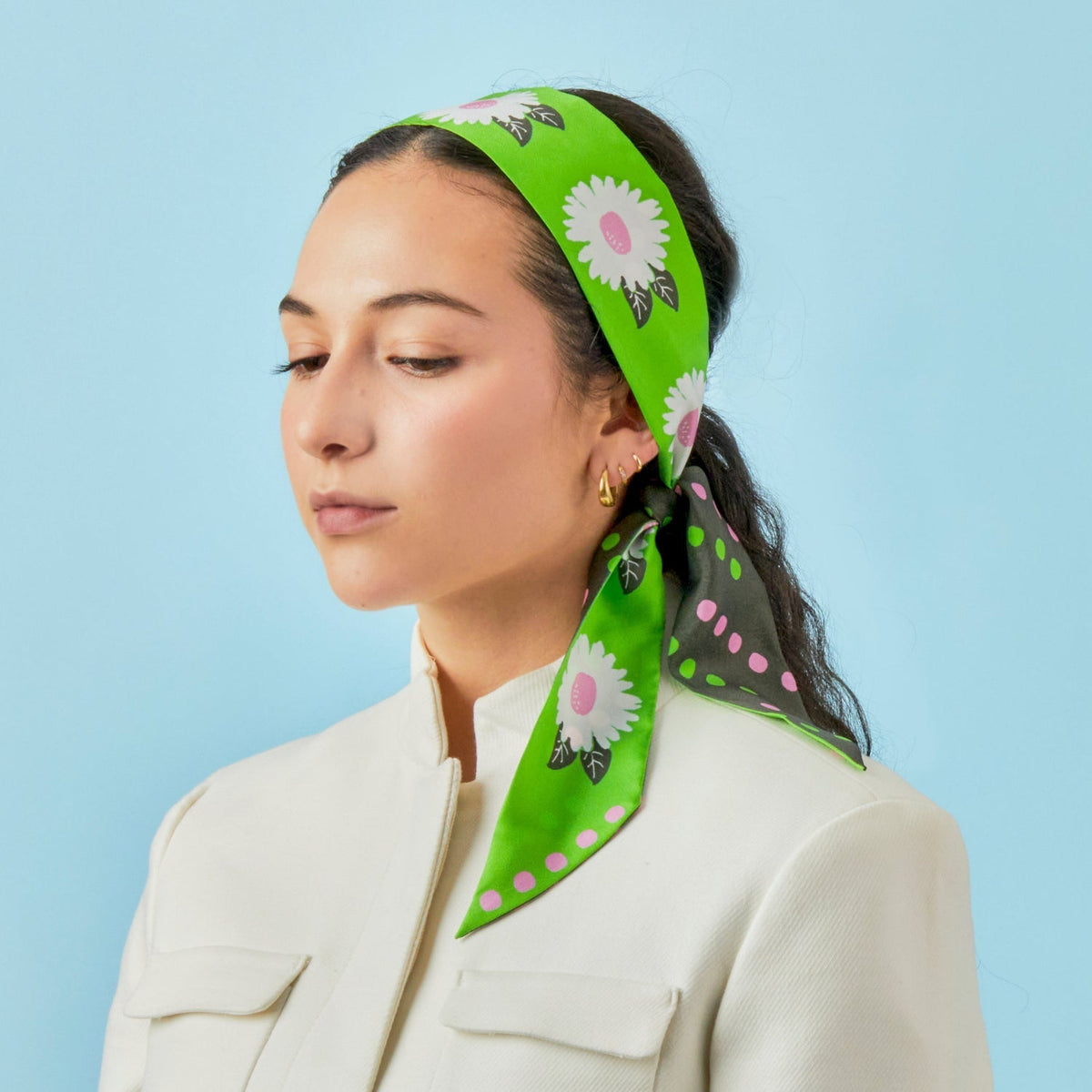 White Flower Silk Twilly Scarf