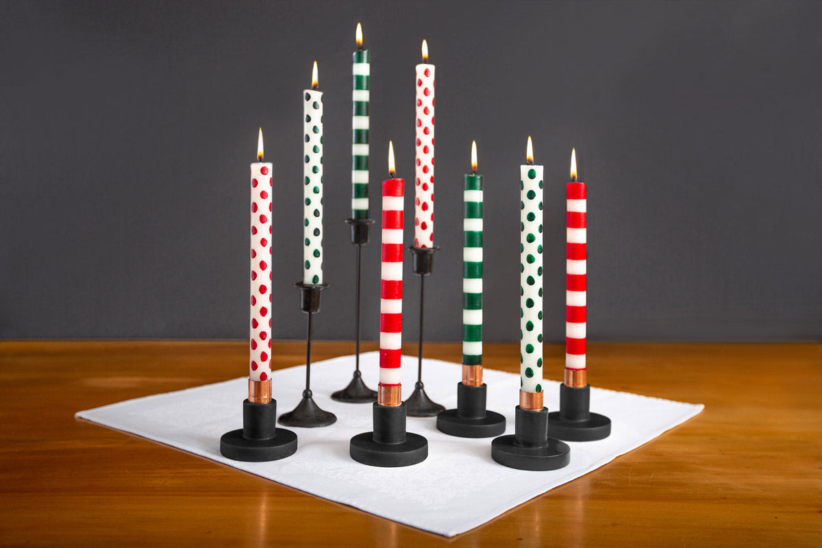 Green Dots &amp; Stripes Taper Candles - Set of 4