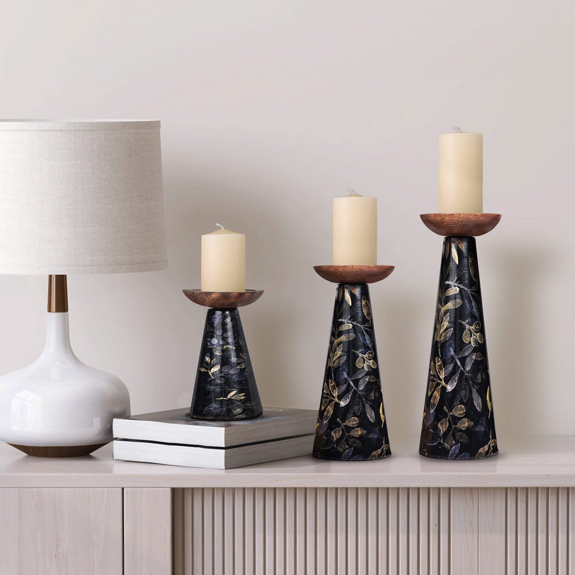 Moody Floral Mango Wood Pillar Candleholders – Set of 3