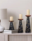 Moody Floral Mango Wood Pillar Candleholders – Set of 3